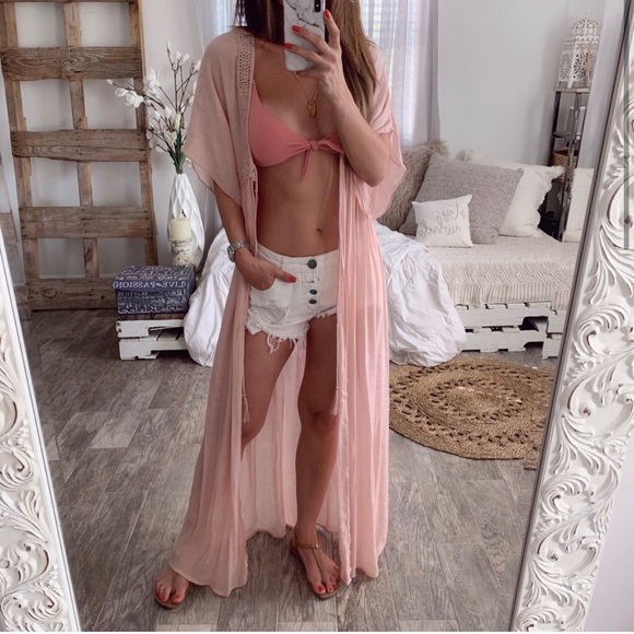 New! Pink somewhat Sheer Kimono Lace Up Cover Up - Picture 2 of 4